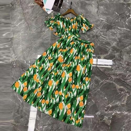 Pieces Beach Summer 2 2021 Designer Runway Fashion Slash Neck Short Top +Long Skirt Green Orange Flower Print Sets
