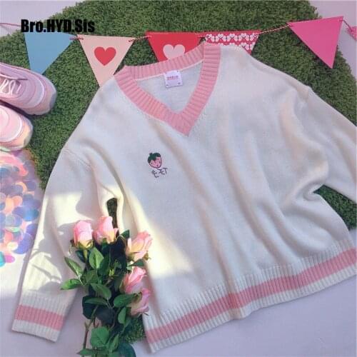 Cute Strawberry Embroidered Sweater for Women Pink Ribbed V-Neck Girls Teens Sweat Vests Embroider Peach Sweaters Tops One Size