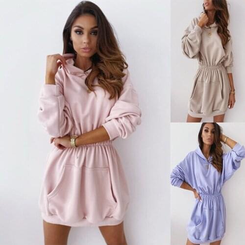 Women Long Hoodies Dress Elastic Waist Solid Long Sleeve Pocket Hooded Pullover Dress Women Jumper Pullover 2020 New Fashion