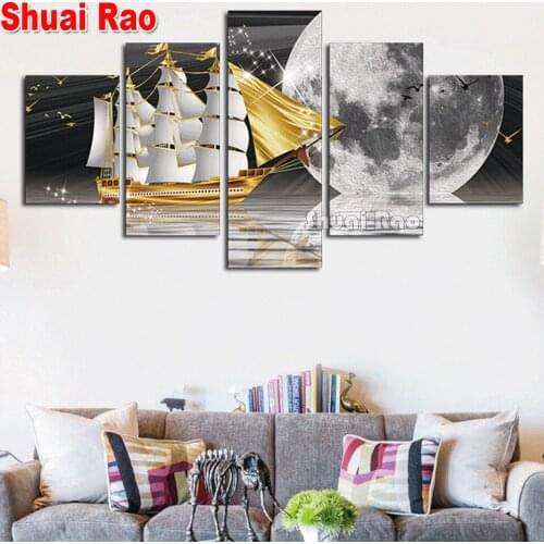 5D Diamond Art Gold Moon Ship Diamond Painting Full Square Round pictue of Rhinestones Kit DIY Diamond Embroidery 5 pcs