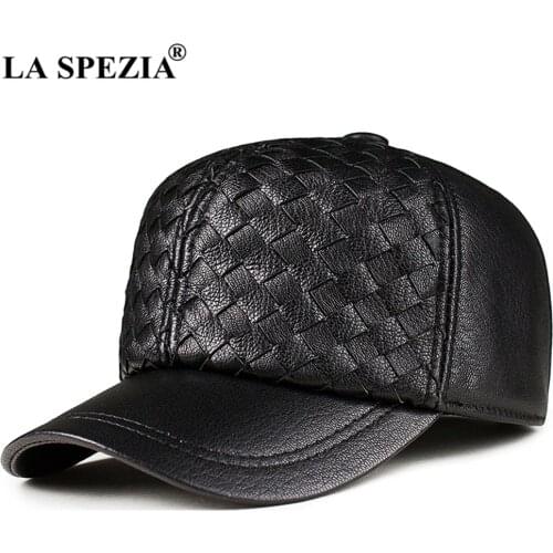 LA SPEZIA Baseball Cap Men Real Leather Snapback Black Brown Knit Sheepskin High Quality Autumn Winter Dad Hat