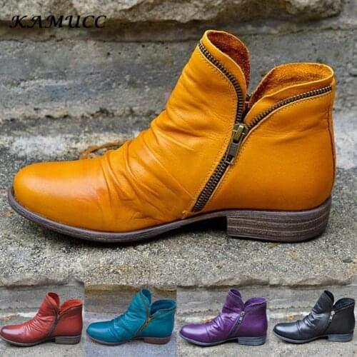 Women PU Leather Ankle Boots Women Autumn Winter Zipper Vintage Women Punk Boots Flat Ladies Shoes Flat Short Snow Boots Mujer