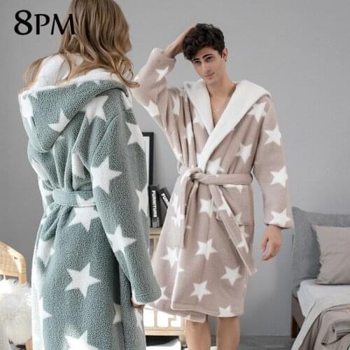 Men Long Coral Fleece Bathrobe Winter Women Flannel Bath Robe Sleepwear Star Print Pattern With Hooded Warm Pajamas ouc739