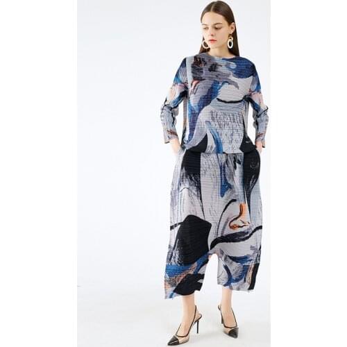 Abstract Print Miyak Pleated Loose 2 Piece Set Women Round Neck Top Pocket Wide Leg Pant Vintage Plus Size Autumn Clothes Set