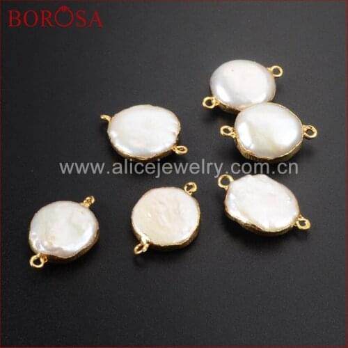BOROSA Round Gold Color Natural Pearl Connector Double Bails,Wholesale Freshwater Pearl Drusy Connector for Bracelet G1071
