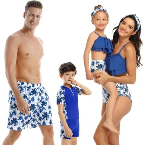 Summer family swimsuit mommy and me leaf mom father son mother and daughter bikini beach shorts couple matching swimwear