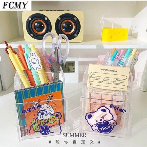 Multi-function Desktop Pen Holder Office School Storage Case Transparent Plastic Box Desk Pencil Organizer Mobile Phone Bracket