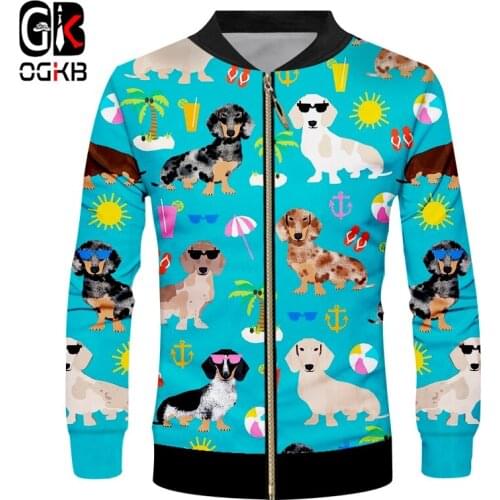 OGKB Jacket 2018 New Mens Hot Tops Sun Dog Zip Jacket 3D Print Coconut Tree Drink Zipper Jacket