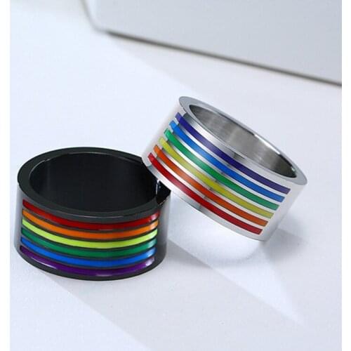 Rainbow Lines Rings for Men Black Stainless Steel LGBTQ Pride Finger Band Colorful Bright Jewelry Support Engraving Male Gift