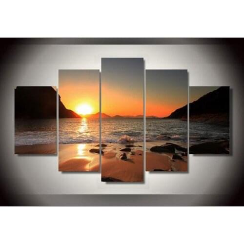 Wall Posters Home Decoration Picture Unframed Modular Art 5 Panels Sunset Beach Seacape Living Room Canvas Printed Painting