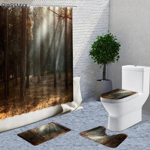 Wooden House In Yellow Woods Autumn Landscape Shower Curtains Sets Natural Scenery Home Bathroom Decor Curtain Bath Mats Rugs