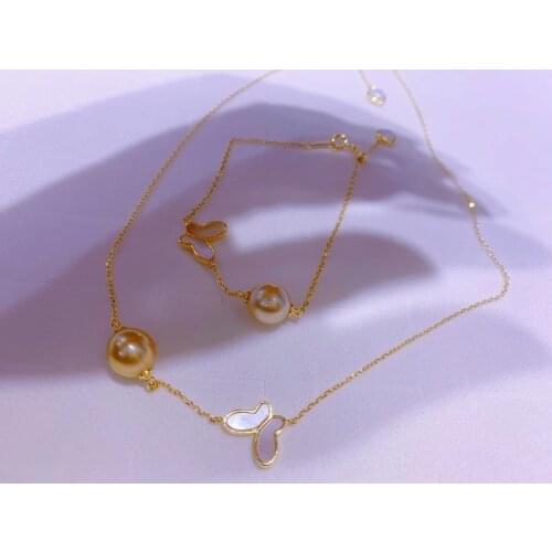 925 Sterling Silver Butterfly Shape 9-10mm Big Size Real Gold Southsea Pearl Necklace Bracelet Set Jewelry Set