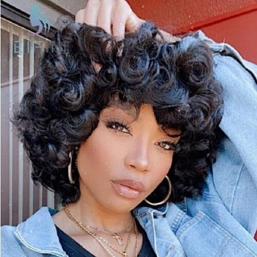 Short Wavy Human Hair Wigs With Bangs Loose Wave Full Machine Made Wigs For Women Bob Wig Remy Brazilian Hair Wigs Natural Color
