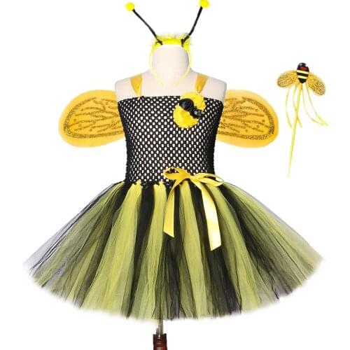 1 Set Bee Girls Girls Tutu Dress Yellow Black Wings Flower Girl Birthday Party Dress Kids Halloween Cosplay Fairy Costume Outfit