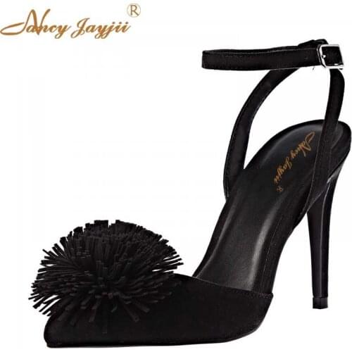 Black Fringe Tassel Flower Ball Elegant Stilettos Thin Ankle Buckle Straps Summer Pumps Pointed Toe Ladies Women Shoes 2019