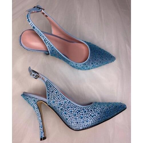 2020 super shinny Leather Women dress Shoes diamond High Heel Pointed Toe Wedding Party Dress Shoes blue diamond Pumps glitters