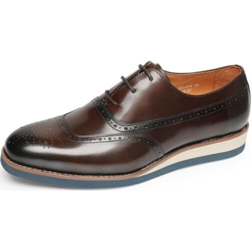 Men Genuine Wingtip Leather Platform Oxford Shoes Round Toe Lace-Up New Zapato Social Male Oxfords Dress Brogues Wedding Shoes