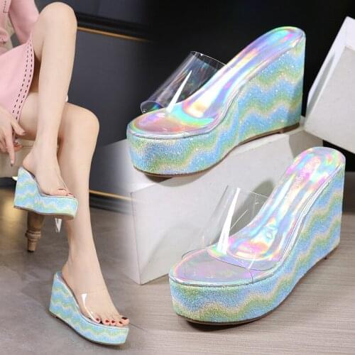 Womens Footwear 2021 Fashion Rainbow Color High Heels Soft-soled Comfortable Non-slip Open-toe Slipper