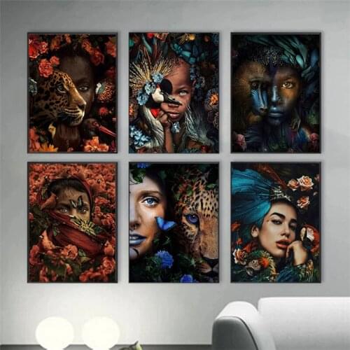 Vintage Lion Birds and Woman A half face Canvas Painting Man and Animals Live in Harmony Wall Posters Prints Pictures Decor