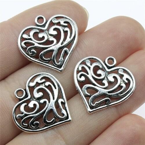 WYSIWYG 10pcs 21x21mm Heart Charm Pendants Carved Heart Pendants Antique Silver Color Carved Flower Heart Pendant