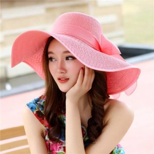 2021 Summer Beach Big Brim Bow Hats For Women Solid Colors Straw Seaside Travel Hat Sun UV Protection Visor Cap chapeau femme