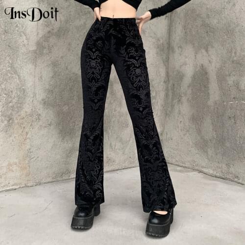 InsDoit Vintage Gothic Velvet Black Pants Goth Harajuku Bodycon High Waist Trousers Streetwear Punk Flared Women Autumn Pants
