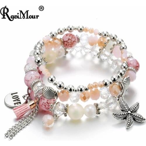 RAVIMOUR 3pcs Set Crystal Bracelets & Bangle for Women Vintage Love Star Stone Tassel Charms Bracelet Female Jewelry Gift 2018