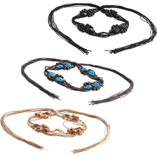 Bohemian Style Women Wax Rope Woven Belt Wooden Beads Decorative Tassel Belt