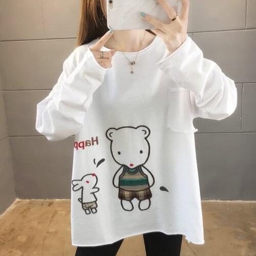 Embroidery Cartoon Sweatshirt Women Spring Autumn Korean Loose Student O-neck Pullover Sweatshirt Women Long Sleeve Thin Coat