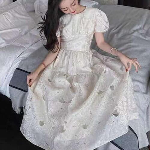 New A-line Princess Maxi Dress French Summer White Dress 2021 Puff Sleeve O Neck Fashion Elegant Party Dresses Robe Femme 15499