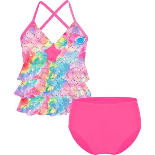 2PCS Kids Girls Tankini Swimsuit Mermaid Scales Printed Starfish Bikini Swimsuit Swimwear Bathing Suit Set Tops with Bottoms