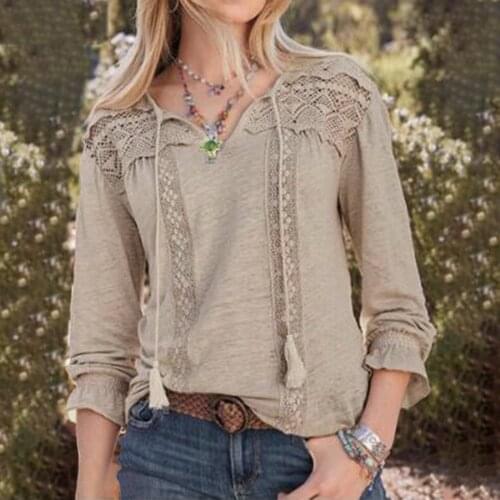 40# Vintage Lace Splicing Blouse Women Casual Solid Sexy V-neck Long Sleeve Elegant Lace Hollow Out Loose Blouse Top Топ Женский