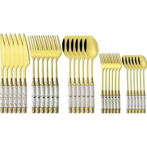 5/30Pcs Vintage Ceramic Cutlery Set Stainless Steel Dinnerware Knife Fork Spoon Tableware Kitchen Silverware Set Drop Shipping