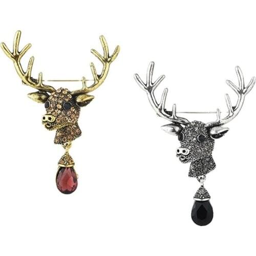 Unisex Animal Christmas Xmas Rhinestone Deer Antlers Head Crystal Drop Pin Brooches Styling Jewelry