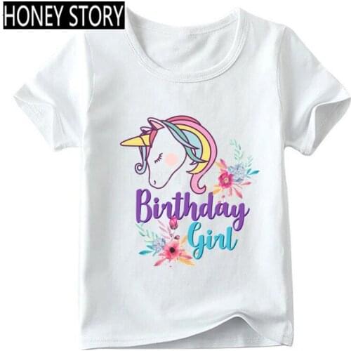 Children Summer Short Sleeve Tops Happy Birthday Girl Unicorn Face Cartoon Print T-shirt Kids Funny Present Baby T shirt