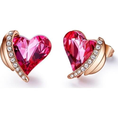 COCOM Angle Wing Love Heart Stud Earrings with Pink Austrian Crystal Rose Gold Plating Jewelry Valentines Accessories for Women