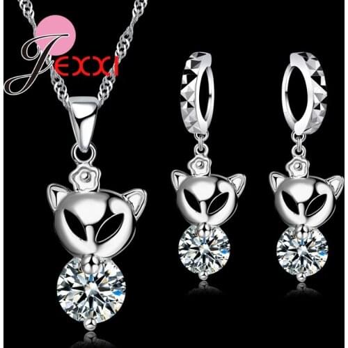 Women Cute CZ Crystal Fox Jewelry Set 925 Sterling Silver Necklace And Earrings Set For lady Birthday Gifts
