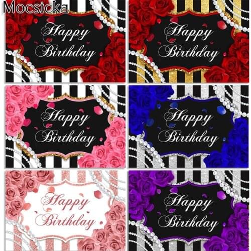 Mocsicka Rose Flower Birthday Backdrop Girl Women Red Roses Pearl Black and White Stripes Happy Birthday Photography Background