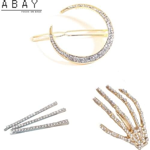 Fashion Women Hand Claw Hair Accessories New Lovely Versatile Inlaid Rhinestone Retro Gold Moon Design Sense One Word Clip Trend