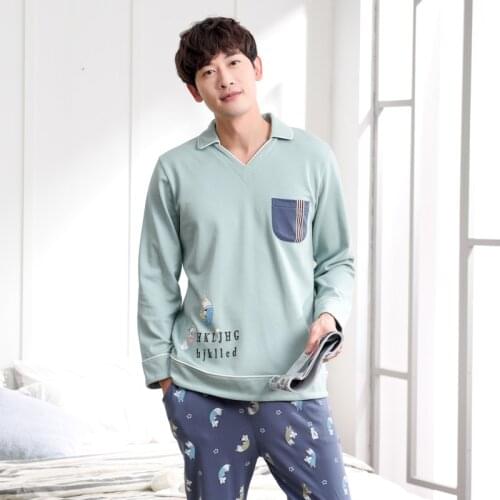 Men autumn cotton long sleeve trousers pajamas 2019 new two piece simple lapel cotton winter men pajama sets men pajamas