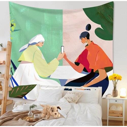 Nordic printed green leaves girl tapestry wall wall wall decoration beach towel carpet home decoration
