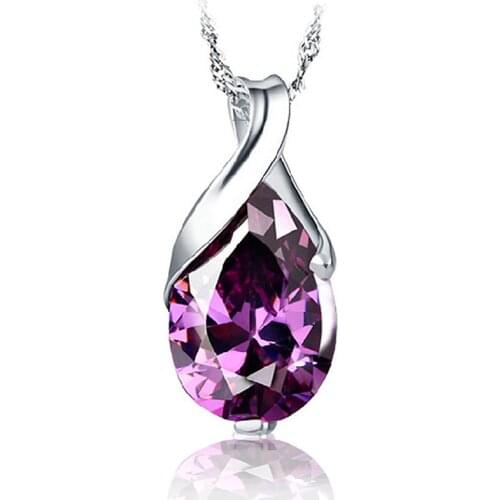 Latest New Purple CZ with 925 Sterling Silver Water Drop Pendant Necklace Nice Woman Fashion Jewellery