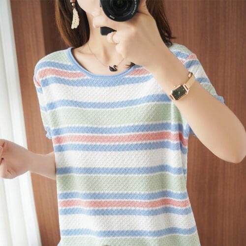2021 summer new pure cotton ladies T-shirt casual round neck striped knitted sweater short-sleeved plus size ladies blouse tees