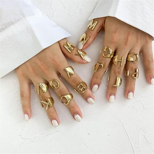 Hollow A-Z Letter Metal Adjustable Opening Ring Gold Color Initials Name Alphabet Female Party Jewelry bff