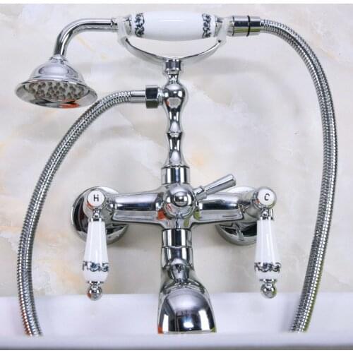 Polished Chrome Brass Double Ceramic Handles Wall Mounted Bathroom Clawfoot Bathtub Tub Faucet Mixer Tap w/Hand Shower ana204