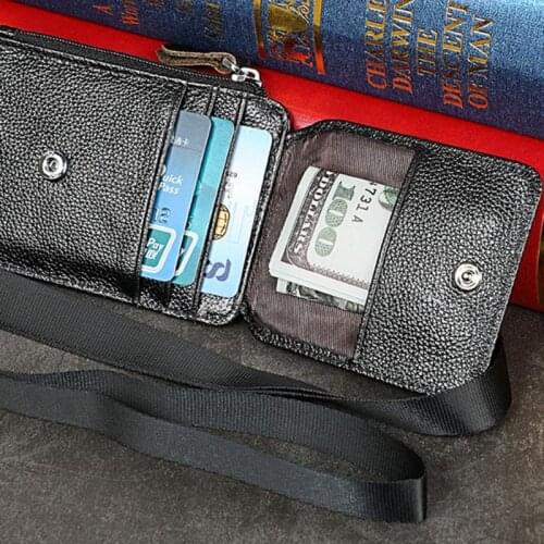 Y166 Portable Genuine Leather RFID Blocking Business ID Card Credit Holder Lanyard Purse Wallet