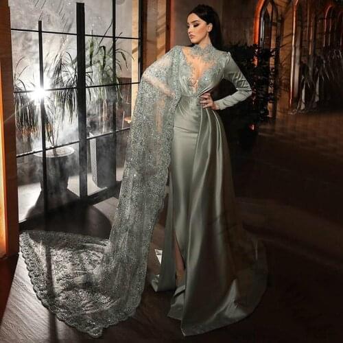 Stunning Silver Evening Dress Caftan Dubai Lace Prom Dresses 2020 Silk Satin Long Sleeve Formal Long Dress Luxury Side Slit Gown