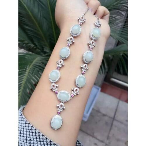 Simple Atmospheric Womens Necklace, Meeting Focus, 925 Pure Silver Hetian Jade, Chinese Treasure Jade