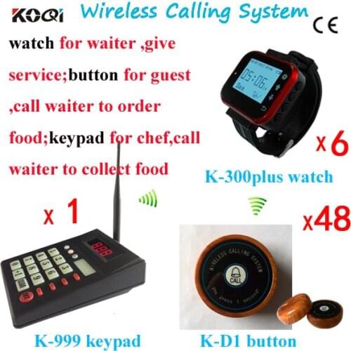 Restaurant Table Caller System For Chef and Waitress; 48pcs Service Button + 6pcs Watch Pager + 1pcs Numberic Keypad