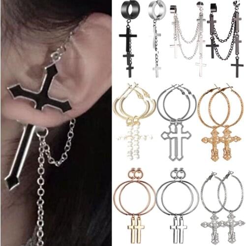 Cross Clip Earrings Long chain Fashion Ear Clips Hoop Earring Cross series Earrings Women Girls Jewelry Gift Birthday Christian